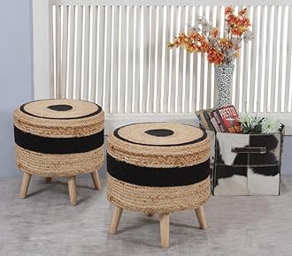 Dori Combo Ottoman | Handwoven Pouffe Stool Set for Home Decor | Durable & Stylish Footrest for Living Room & Balcony | 16x16x17 Inch (Combo Jute-Black-Dot)