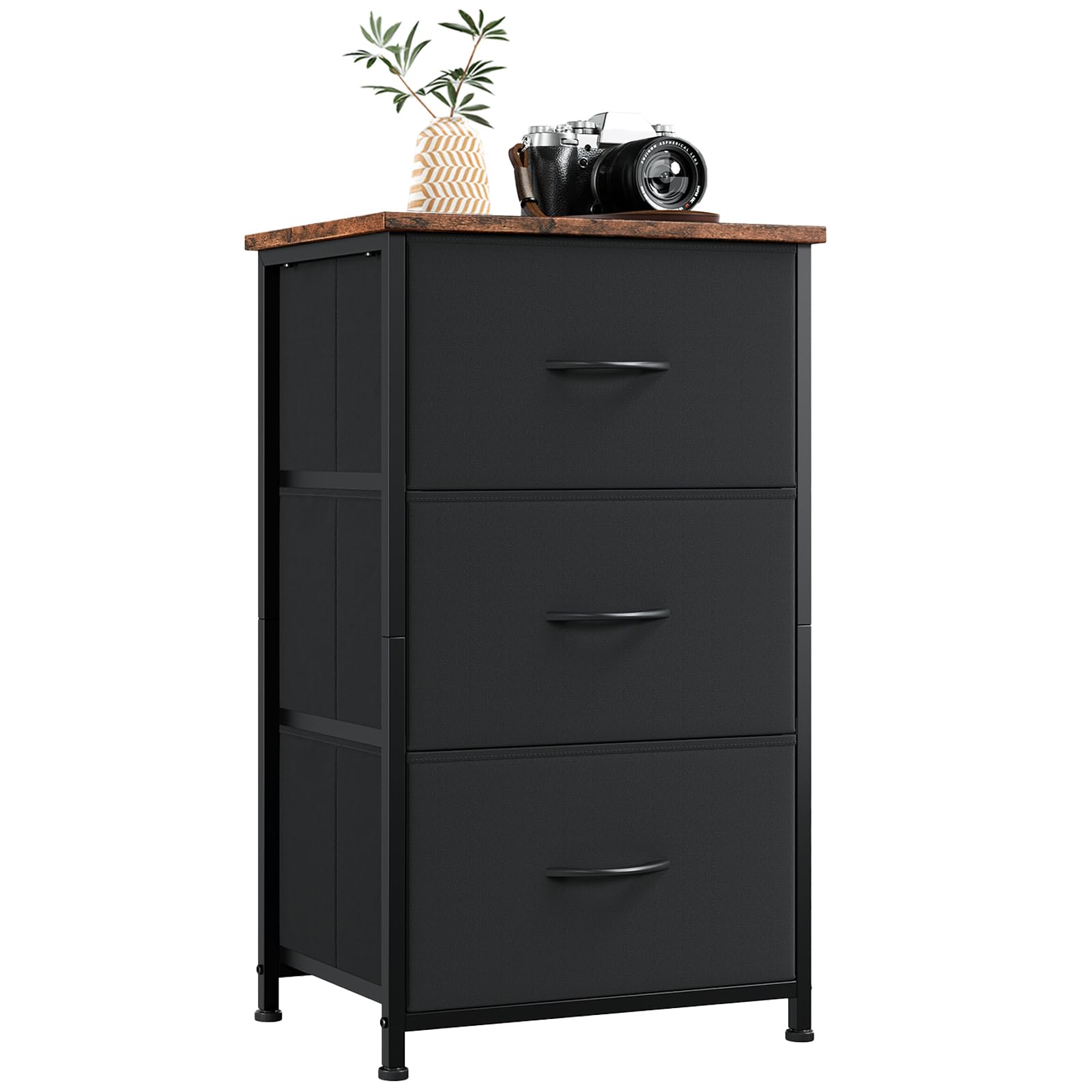 Somdot Small Dresser for Bedroom with 3 Drawers, Nightstand Storage Chest of Drawers with Removable Fabric Bins for Closet Bedside Living Room Laundry Entryway Hallway, Black Rustic Brown