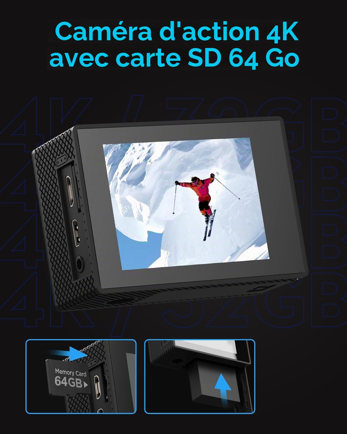 Caméra d'action 4K30fps avec carte SD 64G, caméra HD étanche 40 m caméras sous-marines 20 MP pré-enregistrement WiFi caméra 170 ° télécommande caméras de sport avec 2 batteries kit d'accessoires pour