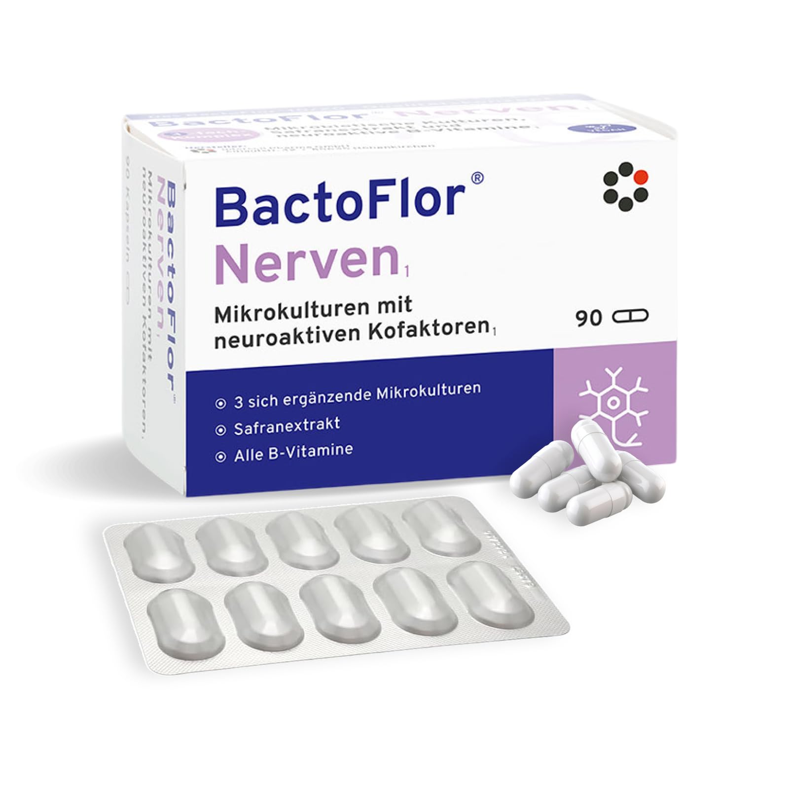 BactoFlor® Nerven - Probiotika für Darmsanierung mit Vitamin B Komplex & Folsäure (90 Kapseln) - 3 Bakterienstämme mit Biotin, Safran & Lactobacillus - Vitamin B1, B2, B3, B6, B12 - laktosefrei