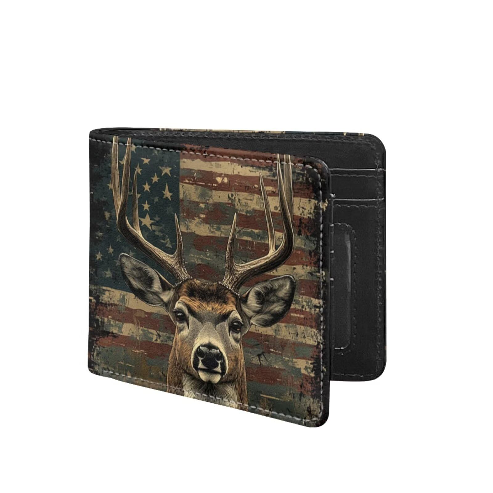 Coldinair Elk American Flag Wallet for Teen Boys Kids Bifold Wallet Purse Leather Credit Card Cash Id Holder Cool Slim Bifold Small Coin Purses