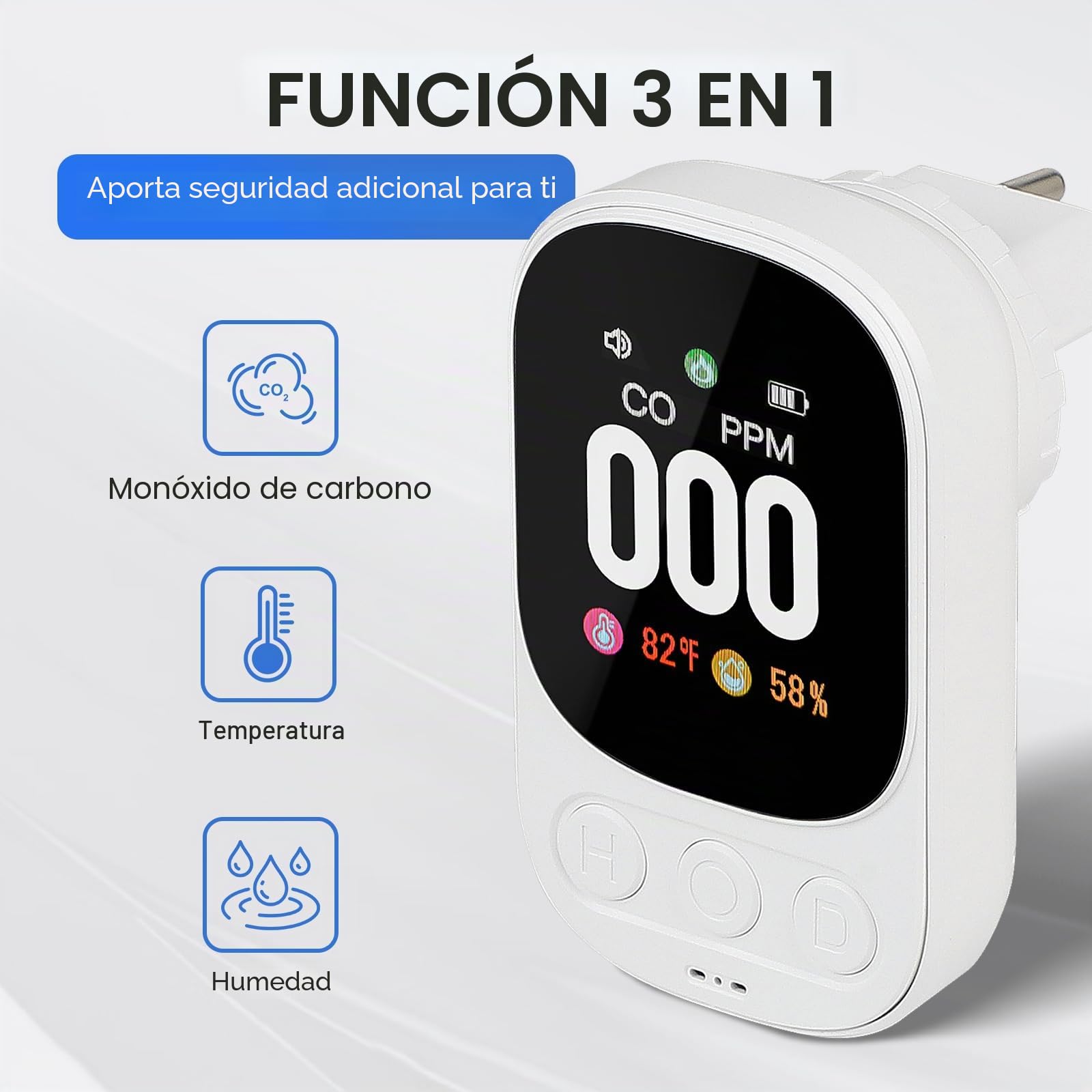 CPROSP Detector Monóxido de Carbono Plug in, Rilevatore Monossido di Carbonio con Sensor de Temperatura y Humedad, Detector CO para Casa, Camper, Apartamento, Sótano, Taller y más