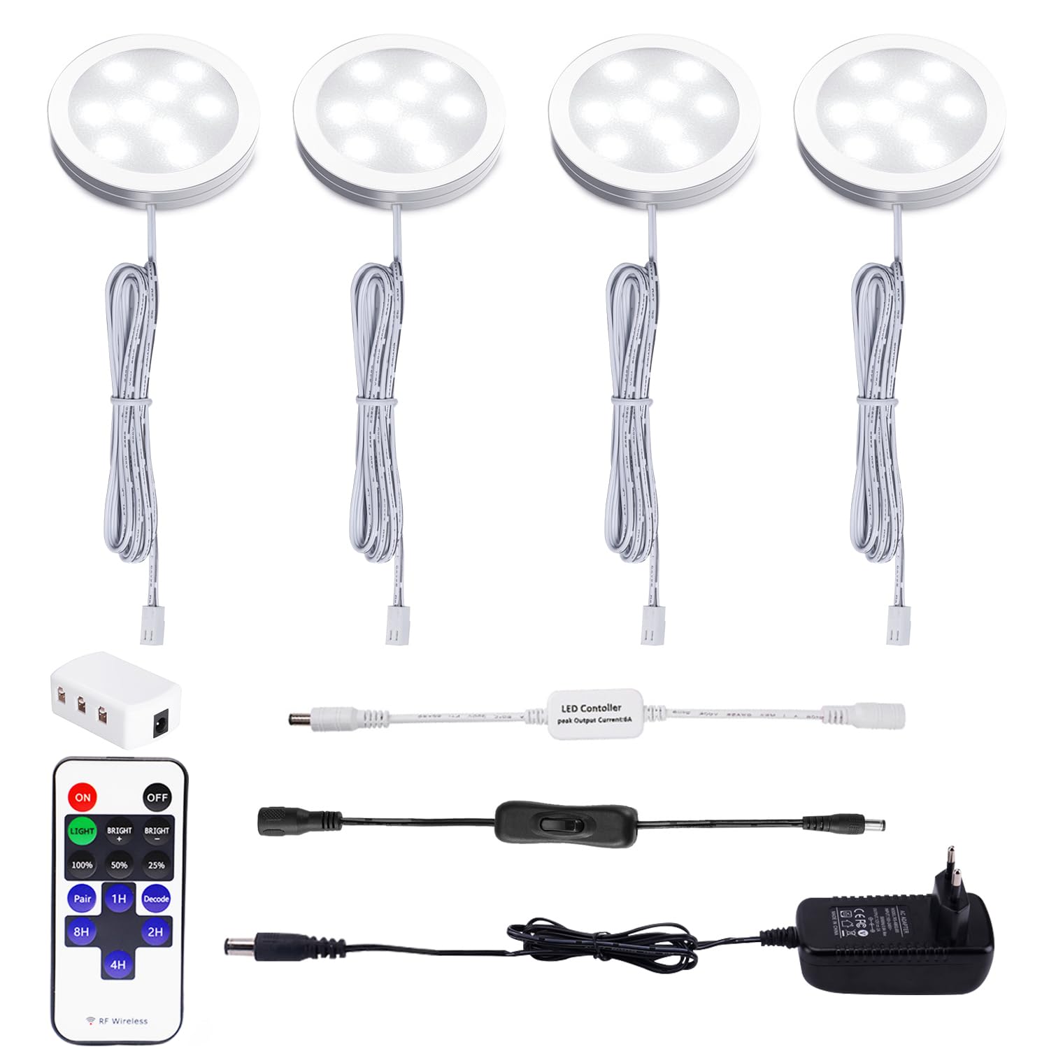 AIBOO Unterbauleuchte Küche LED 4 Stück mit Fernbedienung,Steckerkabel Tagesweiß 6000K Schrankbeleuchtung Nachtlicht mit Schalter Küchenlampen Vitrinenbeleuchtung für Küchen Schränke Weinschrank