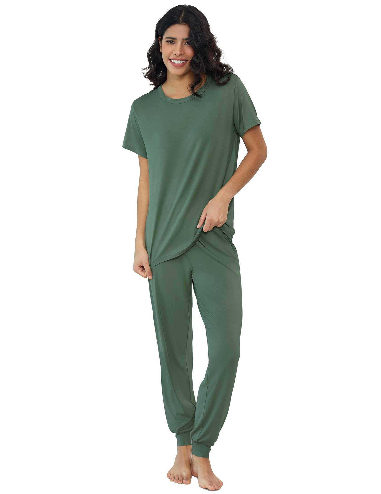 Joyaria Bambus Viskose Pyjama Set Kurzarm Damen Lange Hose mit Bündchen | Bambus Viskose, Leicht, Weich, Jogginghose mit Taschen, Zweiteiliger Schlafanzug, S-XXL