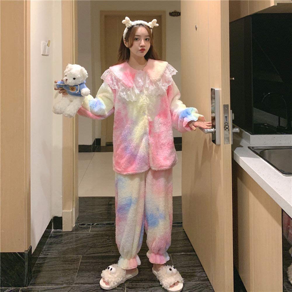 HAIBI Damen Pyjama Winter，Mädchen Schlafanzug Mädchen Pyjamas Schöne Casual Coral Fleece Bunte Pyjamas Anzug Dick Plüsch Wärme Süße Bequeme Homewear