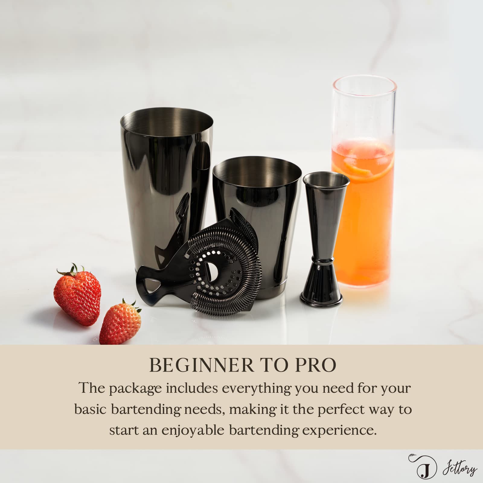 Boston Shaker Set - 4-teiliges Cocktail Shaker-Kit mit 18/28 oz Boston Shaker Edelstahl, Barsieb und Messbecher, in Einer stilvollen Geschenkbox - Ideal für die Hausbar Einsatz (Schwarz).