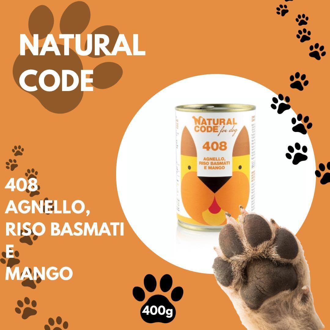Natural Code - Comida húmeda para perro número 408, sabor cordero, arroz y mango. Alimento completo en pelusas para perros adultos de todas las tallas y razas en lata. 6 latas de 400 gramos cada una