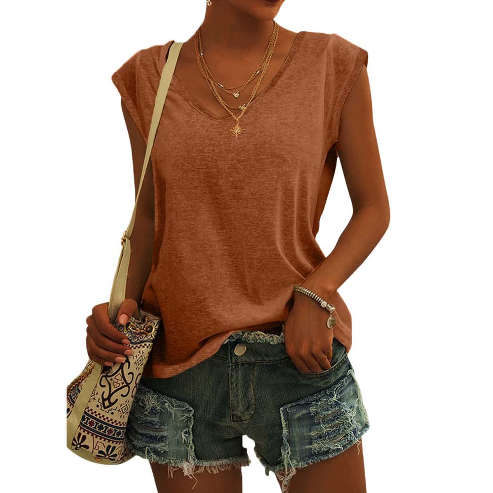 KOG Bluse Damen Elegant Ärmellose T-Shirt Shirt Casual Oberteile mit Flügelärmeln Frauen Kleidung Frau Sommer Shirts Top Damen V-Ausschnitte Tshirt Klamotten Kaffee M
