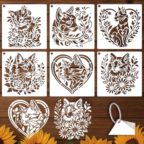 GOMAKERER 6 feuille Pochoirs à Thème Chat pour Peinture Modèle de Dessin de Chat Fleuri Réutilisable Modèles Artistiques D'Animaux Mignons pour la Décoration...