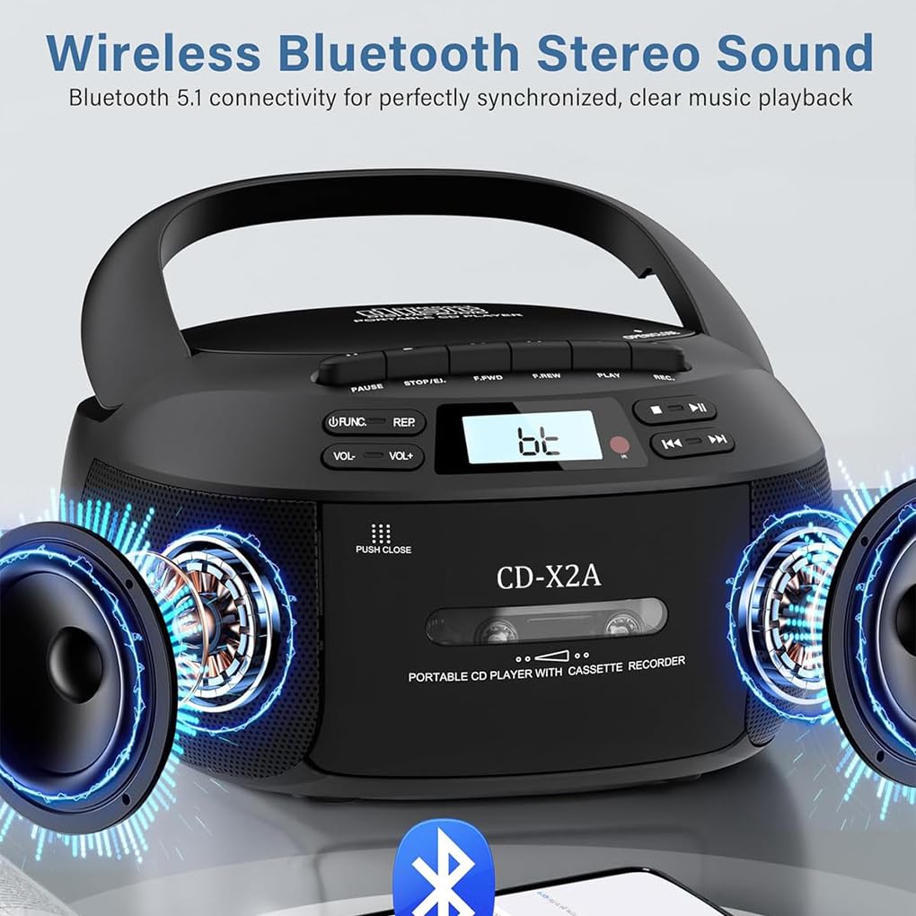 Lettore CD portatile con Bluetooth, radio AM/FM, unità flash USB e batteria integrata, lettore CD per la casa in ABS, Bianco