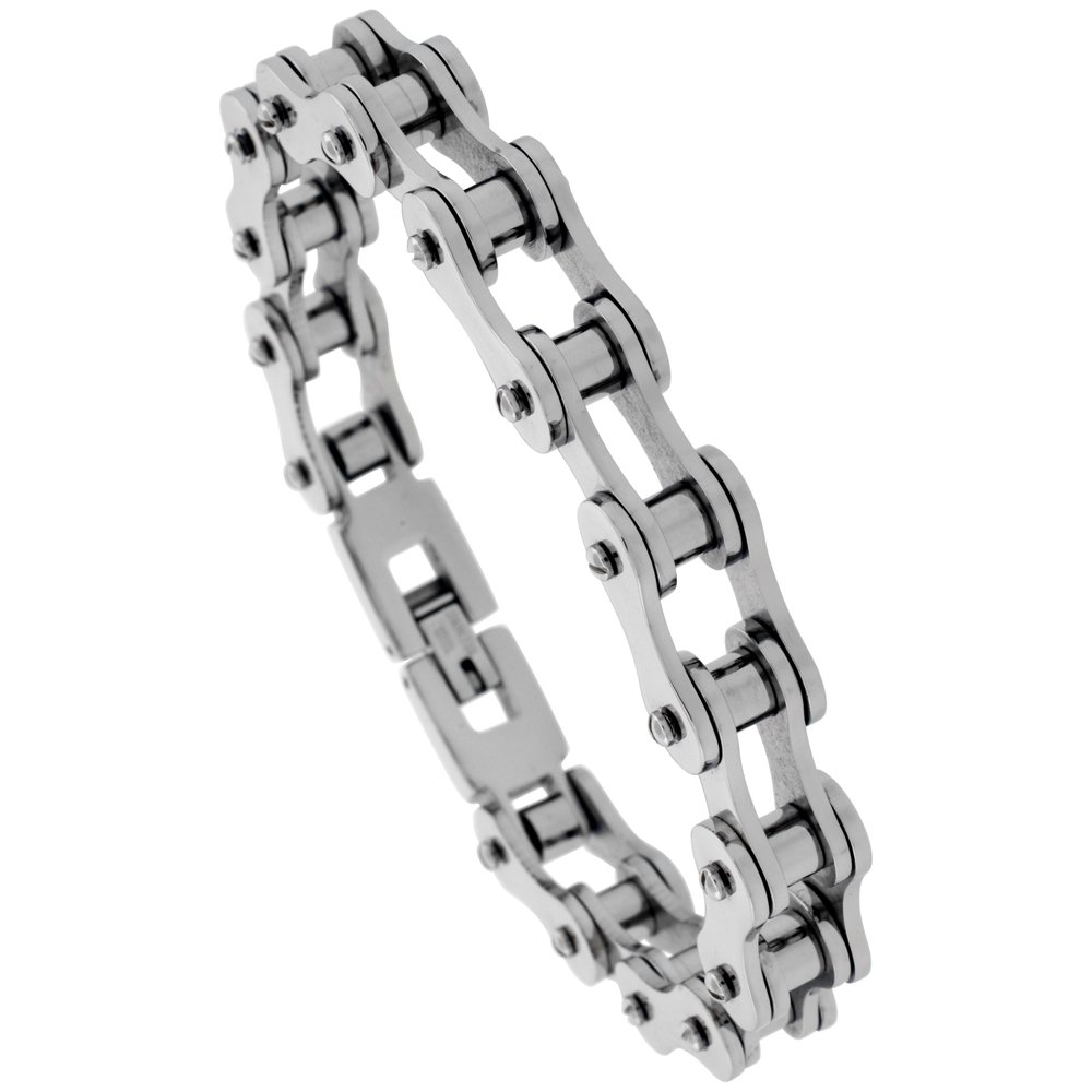 Sabrina Silver Stainless Steel Bicycle Chain Bracelet for Men 7/16 inch Wide,