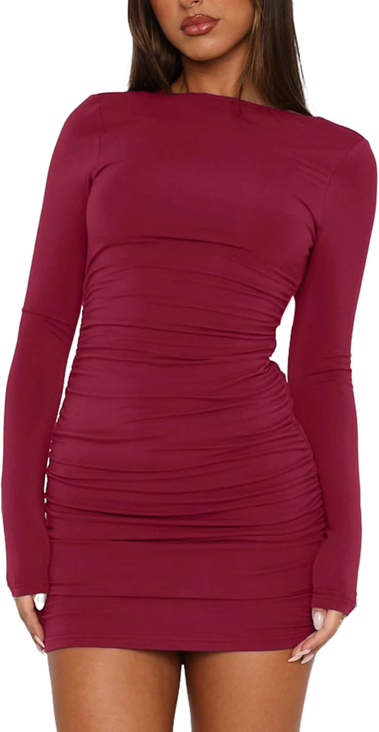 Women's Going Out Bodycon Long Sleeve Round Neck Ruched Party Club Mini Dresses - Image 5