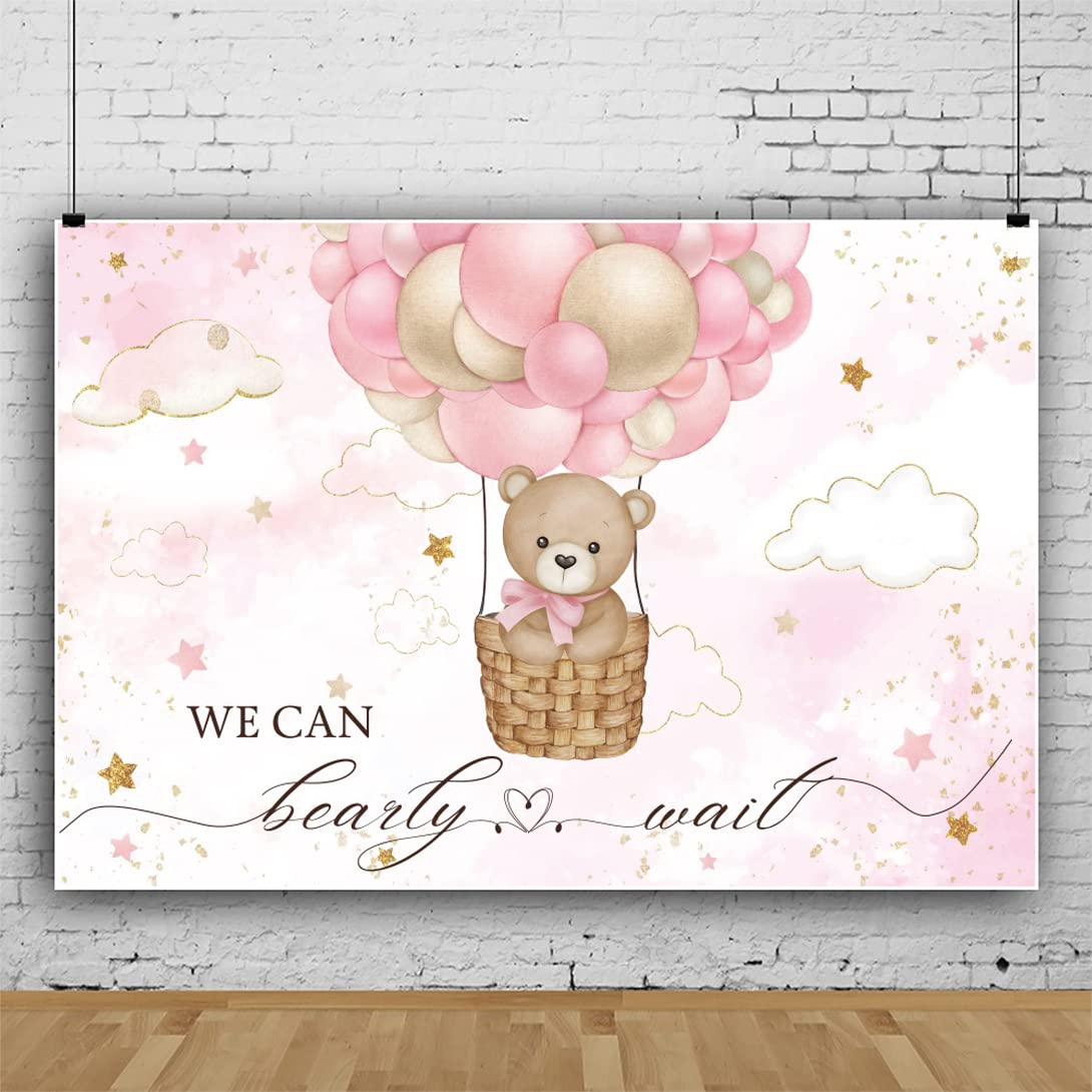 ChloropLastid We Can Bearly Wait Baby Photo Backdrop 8x6ft Pink Hot Air Balloon Bear Background for Baby Balloons Clouds Stars Girl Baby Shower