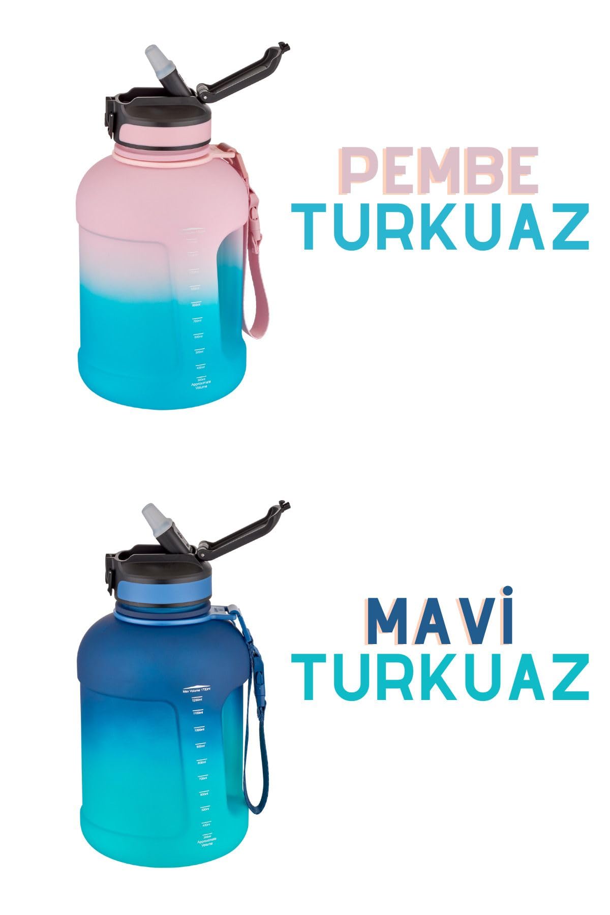 1700ml Çift Renk Pipetli Taşıma Askılı Kulplu Softtouch Motivasyon Su Matarası SM-3067-PEMBETURKUAZ