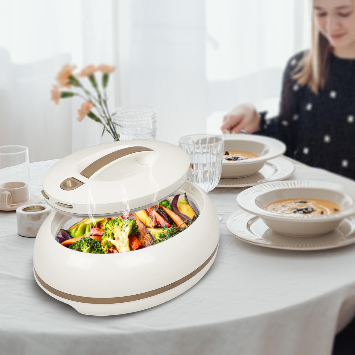 Elegante casseruola ovale isolata grande – coperchio aperto con una sola mano – 0,9 l – scaldavivande di lusso – ciotola termica per buffet/feste – contenitore per alimenti caldi in acciaio inox
