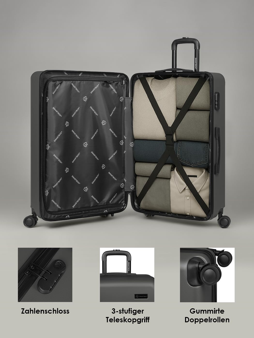 SMARTBOX Twarda walizka Edition 05 ABS 4 podwójne rolki, antracytowy, Set, Klasyczny | Edycja 05, 6 kolorów, 3 rozmiary i zestaw 3 sztuk, twarda obudowa ABS, zamek szyfrowy