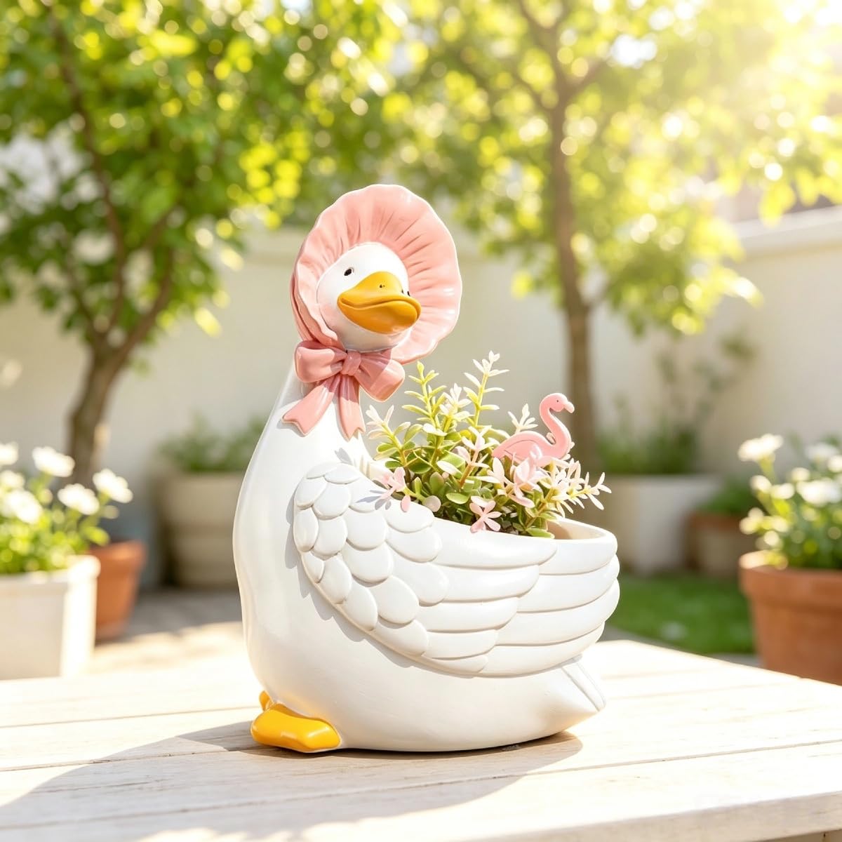 Harz Sukkulententopf Gans Figur, Mini Blumentopf mit Abflussloch, Handgefertigte Tierstatue für Schreibtisch Fensterbank Balkon Landhaus Deko (Vierteiliges Set)