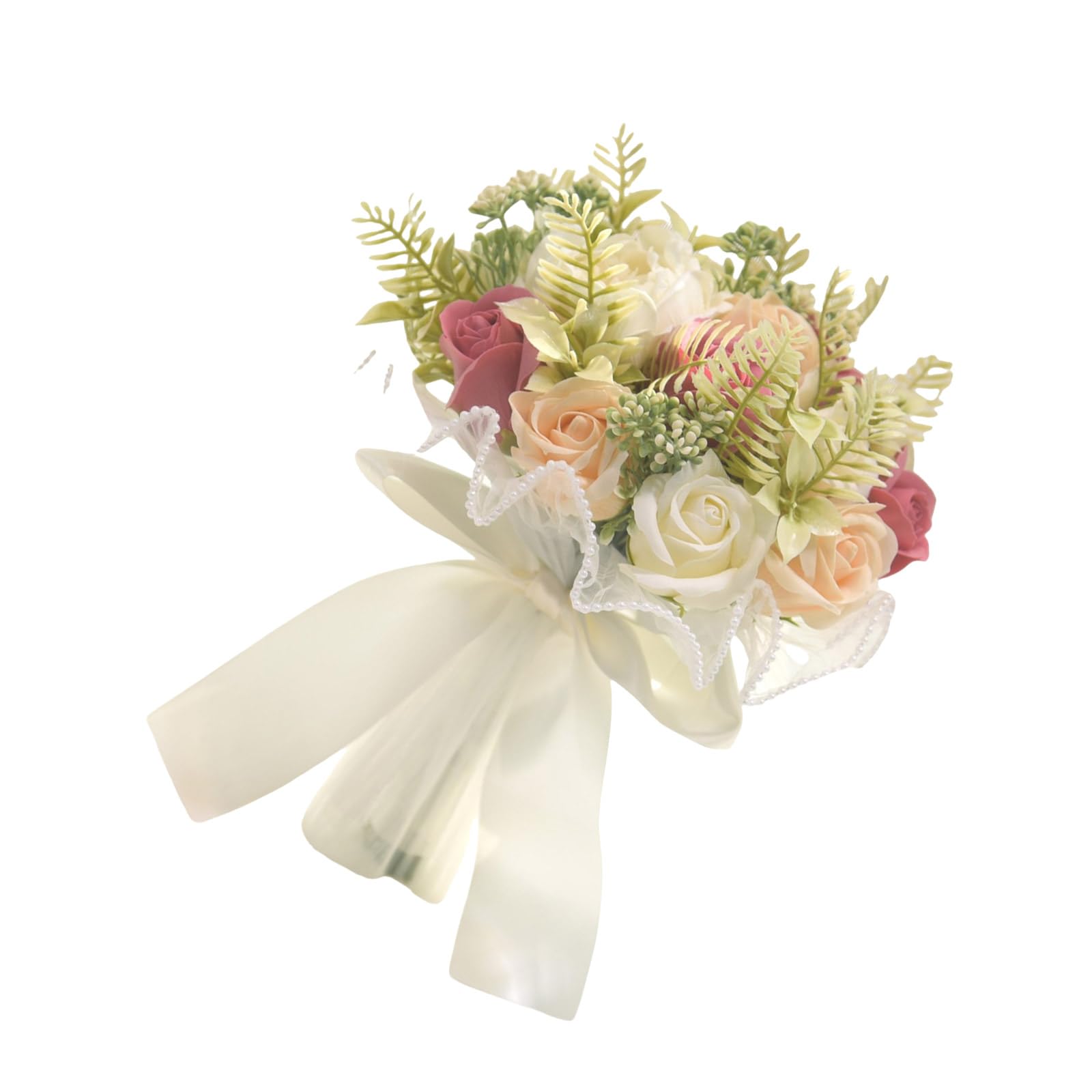 Msioytog Artificial Wedding Bouquet White Champagne Roses Peony for Bride Bridesmaid Perfectly for Ceremonies Silk Bride Bouquet