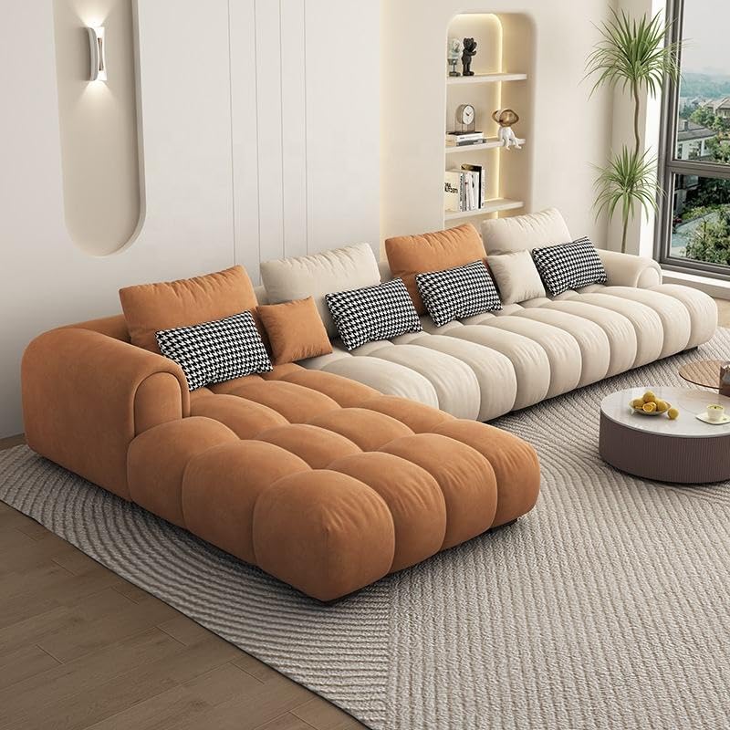 Image of Modern Cloud Puffy Velvet Sofa Tufted Structure Round Arm L-Shaped Sofa Set Round Back with Throw Pillows for Living Room (Rust Orange + Beige)