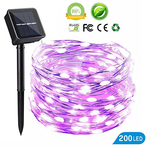 DOTBUY guirnalda luces solares, Exterior Jardin Decoración Alambre de Cobre LED IP65 Impermeable 8 Modos Cadena de luces para Patio Bodas Terraza Árbol de Navidad (20M/200LED, Púrpura)