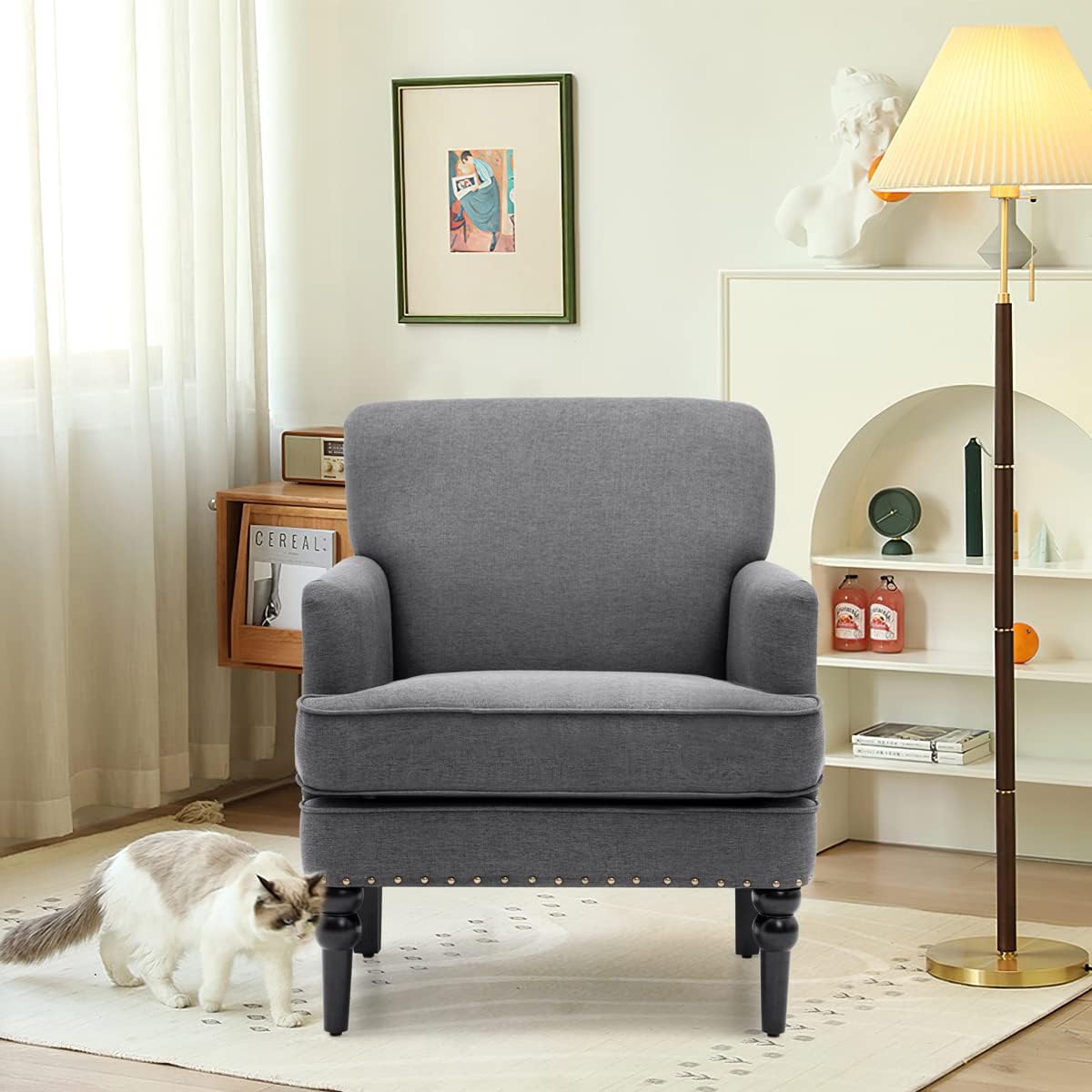 Modern Accent Chair Upholstered Sofa, VredHom Single Sofa Couch Fabric Chair with Wood Legs & Flame Retardant Fabric, Padded Rivet Club Chair Armchair for Living Room, Bedroom, Reception Room : Home & Kitchen