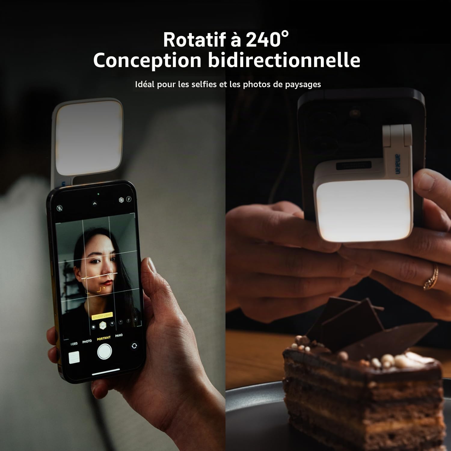 amaran Go Mini Lumière Téléphone, LED Magnétique avec Lumière Miroir, CCT Réglable 2700K à 6500K, 10 Effets Lumineux, Charge Rapide USB-C, Éclairage Doux et Précis pour Créateurs Mobiles-Fusain