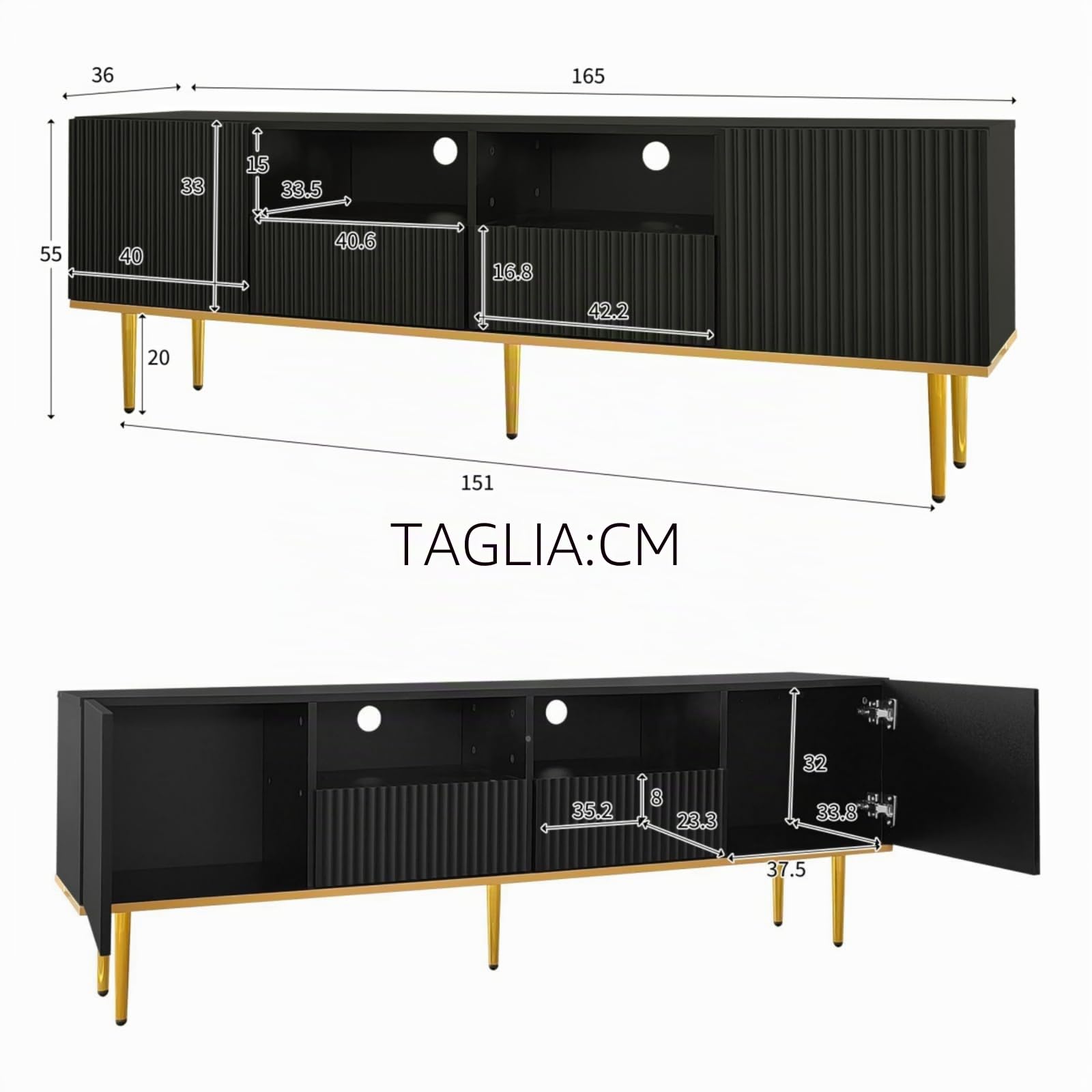 KOMHTOM Supporto per TV nero credenza TV mobile lowboard con cassetti e gambe dorate tv board per camera da letto soggiorno (nero+oro)