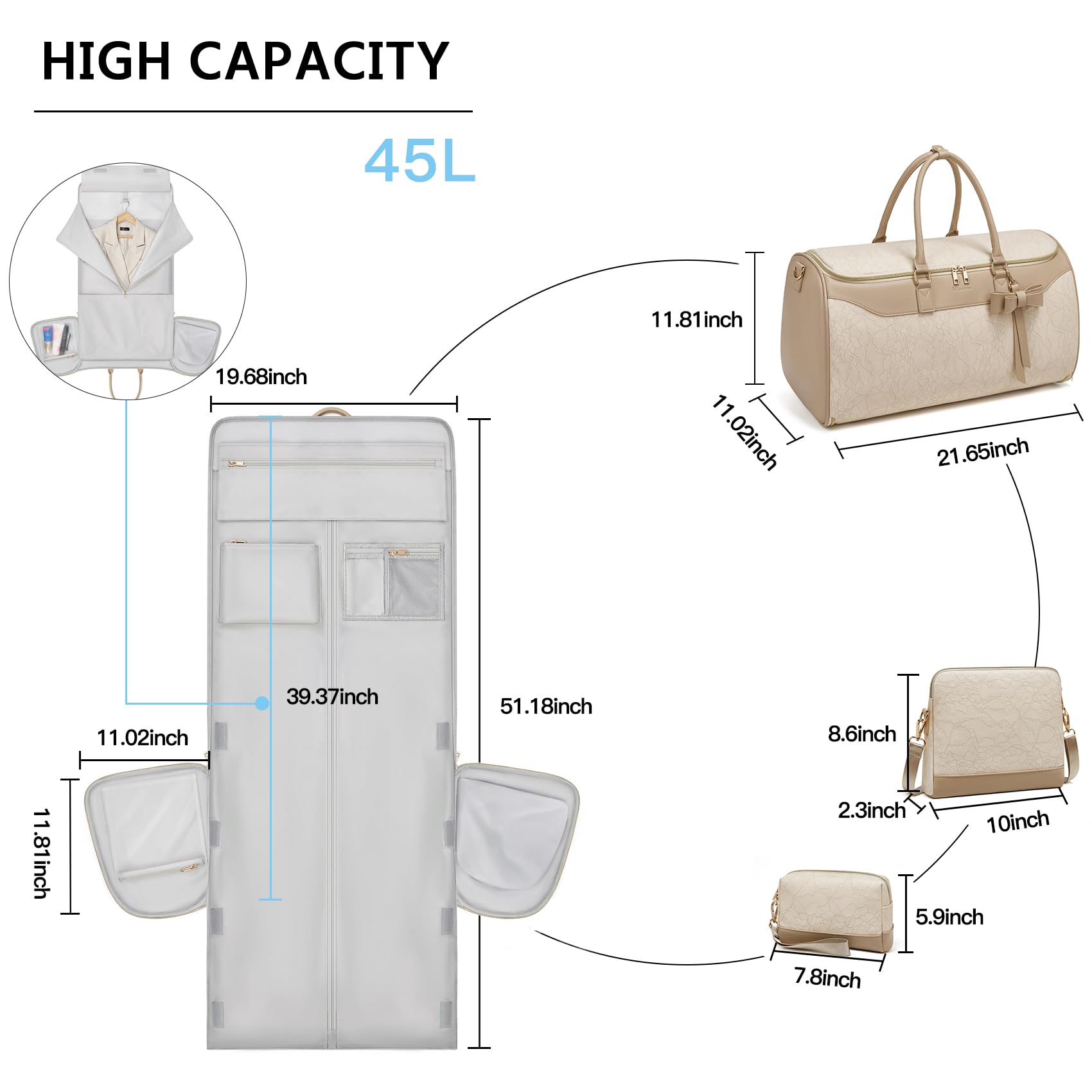 Lot de 3 Sacs à vêtements pour Voyage, Sac de Voyage Convertible en Cuir avec Trousse de Toilette, Sac de Transport imperméable avec Compartiment à Chaussures, Sac de Voyage 2 en 1 pour Femme, Beige