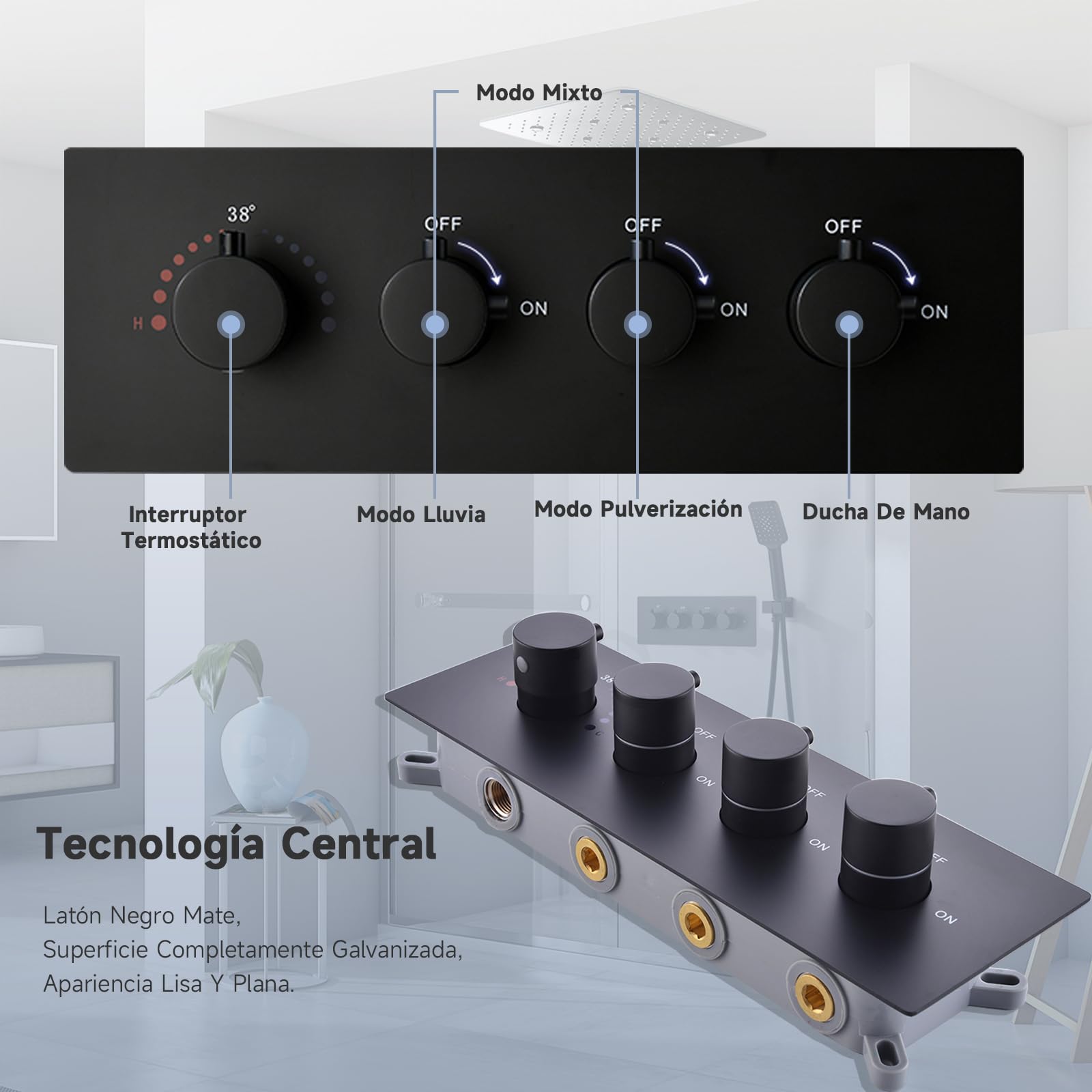 Columna Ducha,Sistema de ducha termostático de doble función,Rociador de ducha fijo de 500 x 500 mm (3 modos de chorro) y ducha de mano flexible (3 modos de chorro),Equipado con luz LED,Negro
