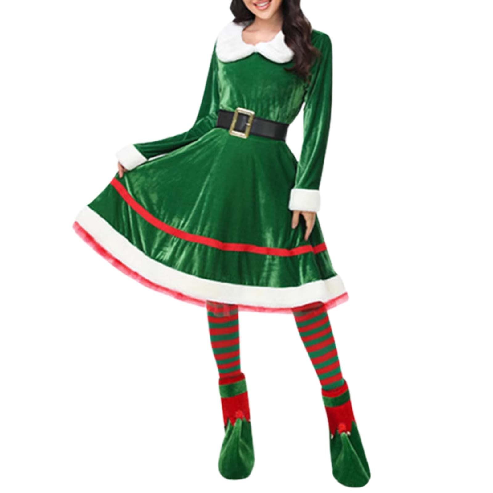Genérico Disfraz Navidad Mujer Conjunto De Elfo Navideño Con Vestido Y Accesorios Traje De Performance Festivo Para Damas Con Falda Y Gorro Puntiagudo Disfraz Navidad Mujer