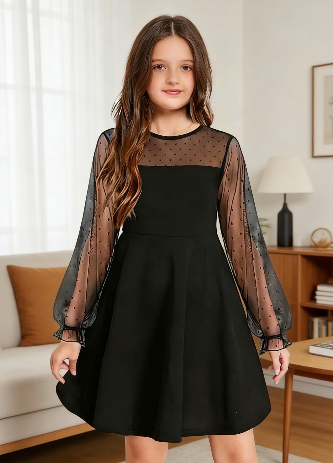 Long Sleeve Girl's Contrast Mesh Puff High Waist A Line Short Dress - Image 4