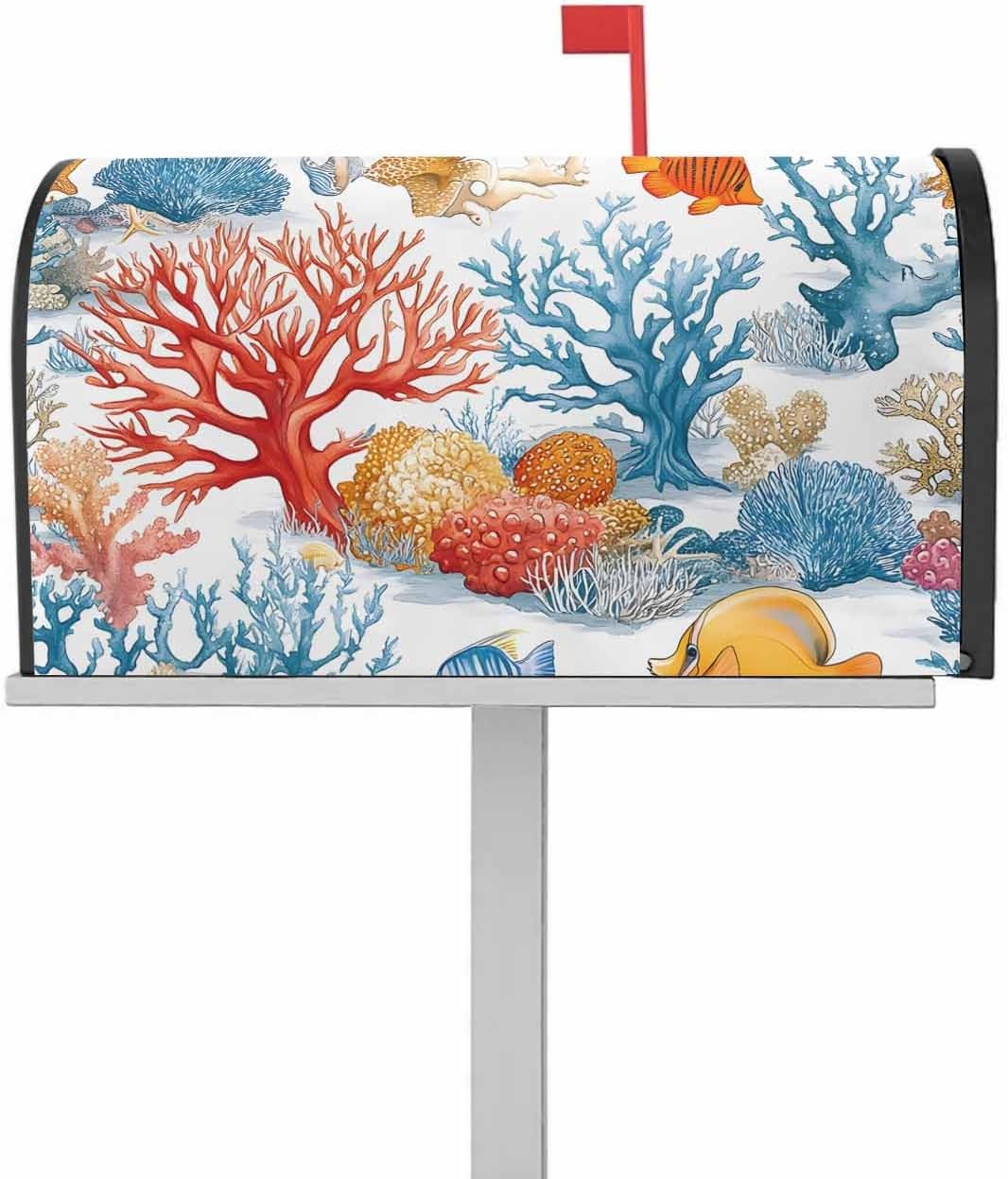 Red Blue Coral Coastal Mailbox Covers Magnetic Standard Size, Nautical Summer Beach Ocean Decorative Post Letter Numbers Box Wrap Decoration Covers Small Accessories for Garden Yard Outdoor Décor