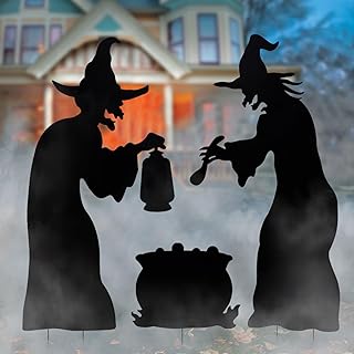 YoleShy Halloween Witch Stakes with Cauldron, Set of 3 Metal Halloween Lawn Stakes Scary Witch Silhouette, Halloween Witch Decorations for Outdoor Lawn Garden Yard