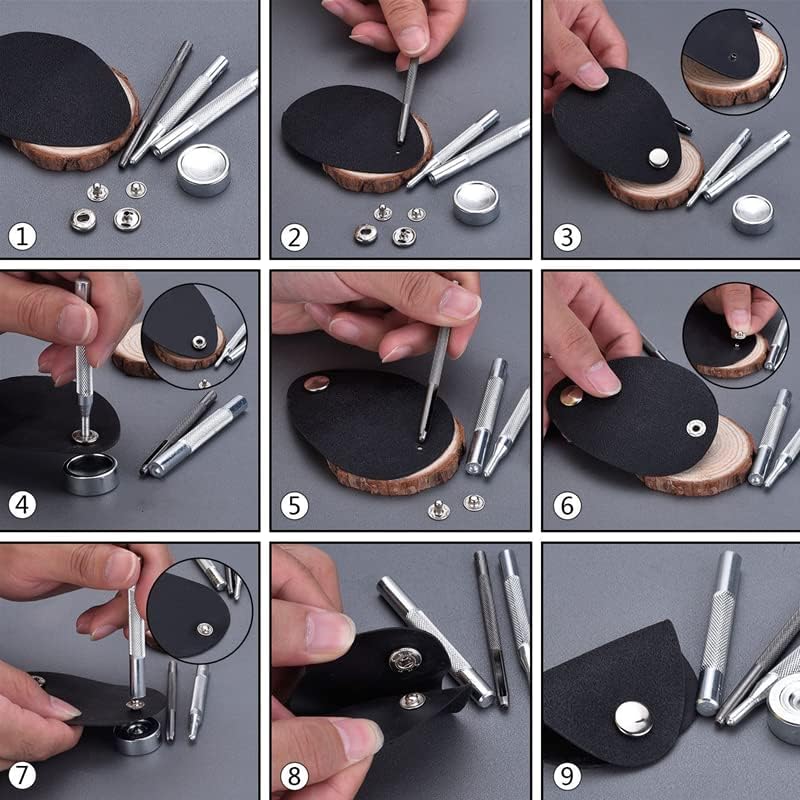 Miniatura 7 de Kit de 360 piezas de cierre a presión de cuero resistente de 0.59 pulgadas, botón a presión de metal, remaches con 4 herramientas de