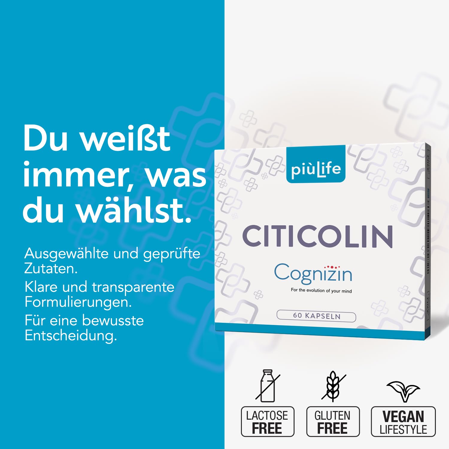 Citicolin Cognizin 500 mg PiùLife CDP Cholin – 60 Kapseln | Nahrungsergänzung für Gedächtnis & Konzentration, Vorstufe von Phosphatidylcholin & Acetylcholin, Gluten- & Laktosefrei