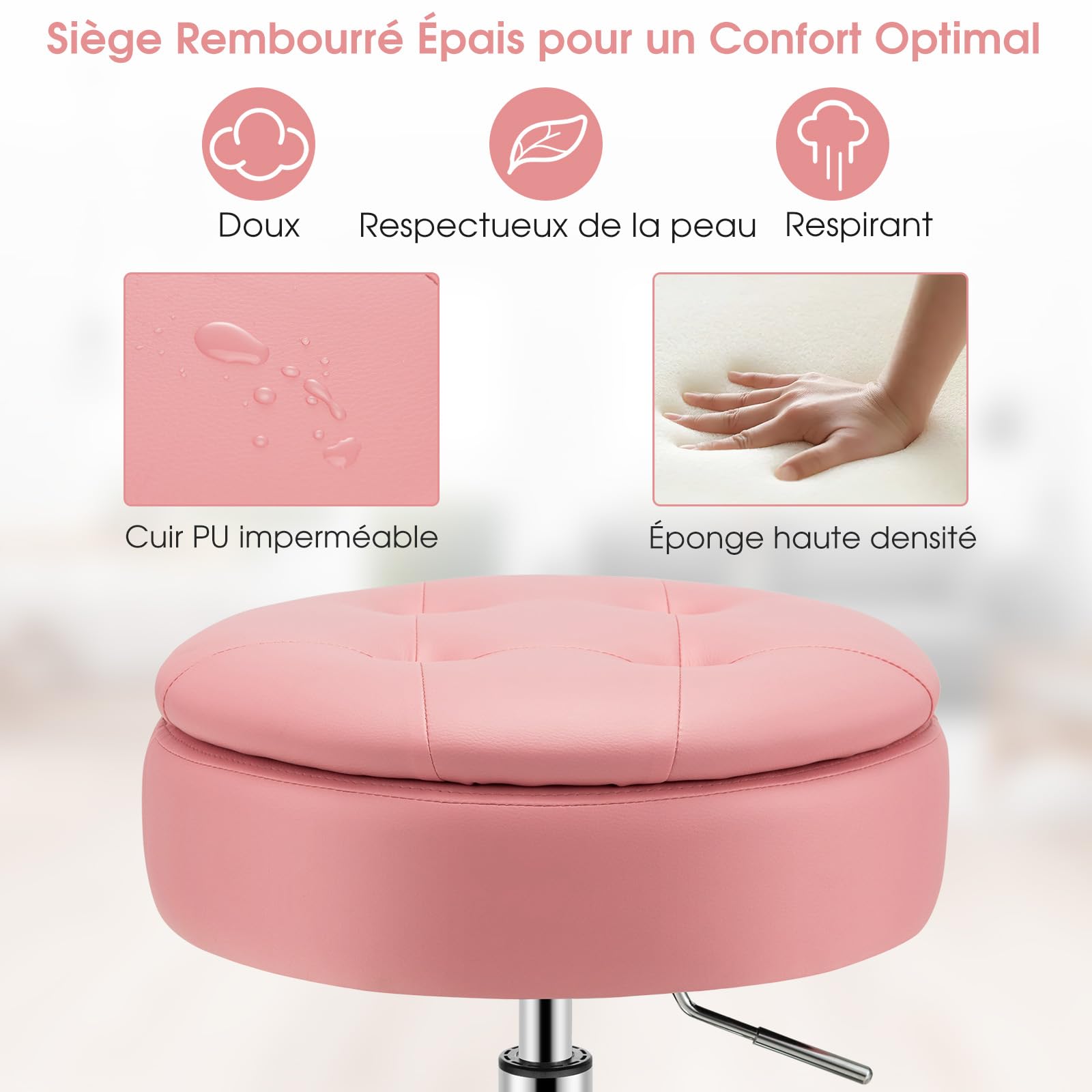 GOPLUS Tabouret de Coiffeuse Capitonné, 3 en 1 Pouf de Rangement d'Appoint avec Couvercle Réversible, Chaise de Maquillage Pivotante à 360° et Réglable en Hauteur 51-66 cm (Rose)