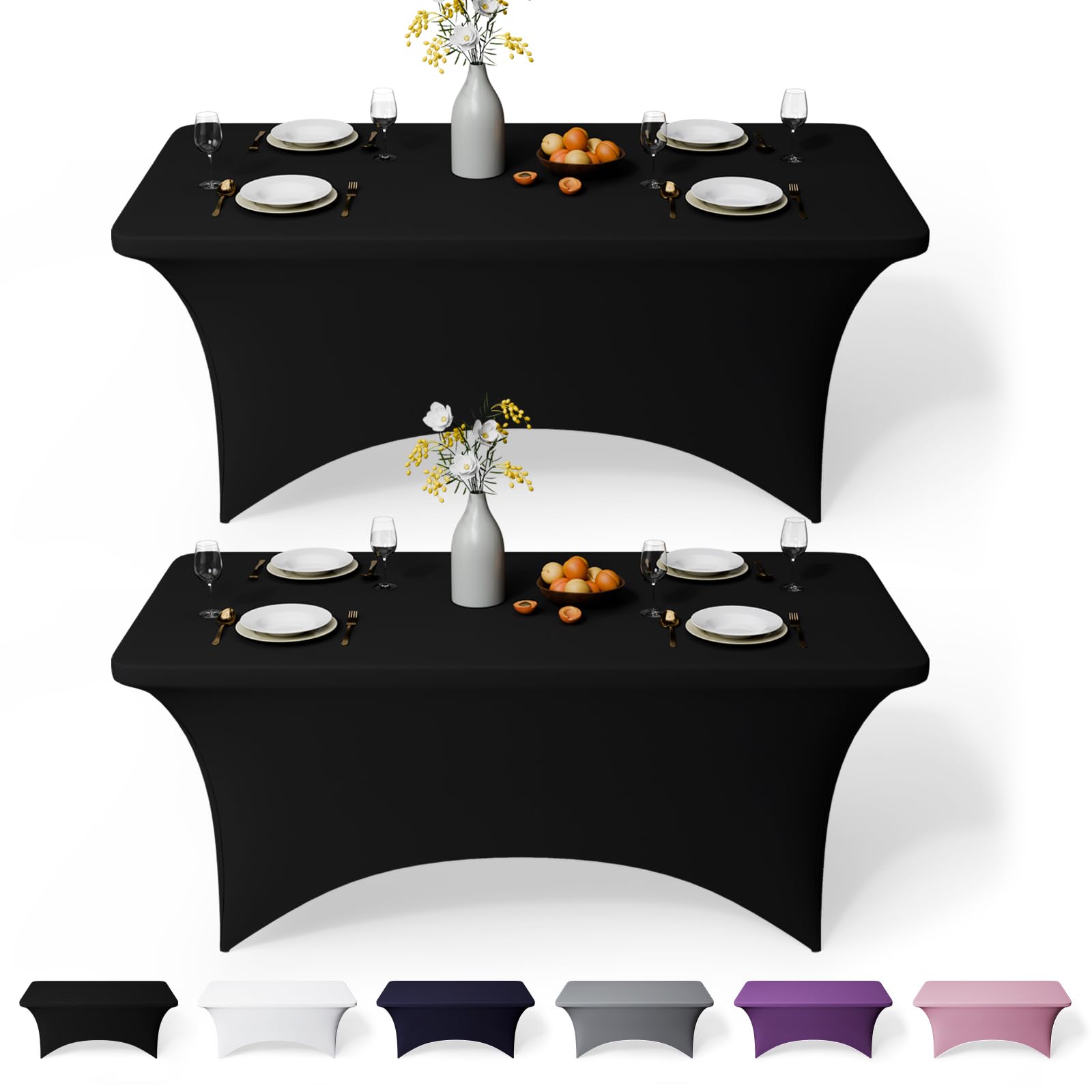 GFCC 4FT Spandex Table Covers 2 Pack - Black Stretch Fitted Rectangular Tablecloth Washable & Wrinkle Resistant Spandex Tablecloths for Party, Wedding, Banquet, Events & Home