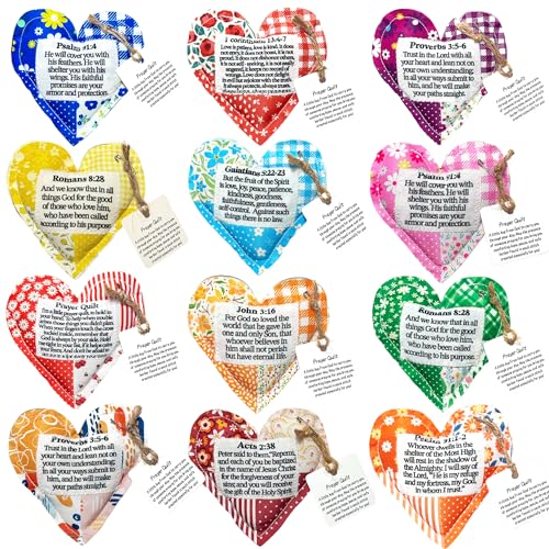 12 Pack Prayer Quilt with Cross Inside pantchwork Pocket Prayer Quilt squares Pastor Appreciation Gifts Prayer Closet Essentials Scripture Comfort for Cancer Patients & Women (heart shape)