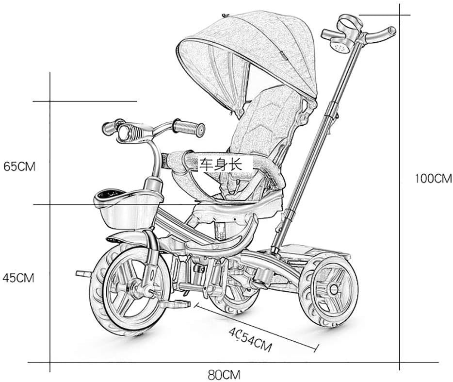 Tricycle Trike Outdoor Children's Tricycle, Beginner 4 in 1 with Push Handle Tricycle, Sunshade Trike for 1-6 Years Old Kids, Seat Steering, Music Head Design, 2 Colors (Color: Red)