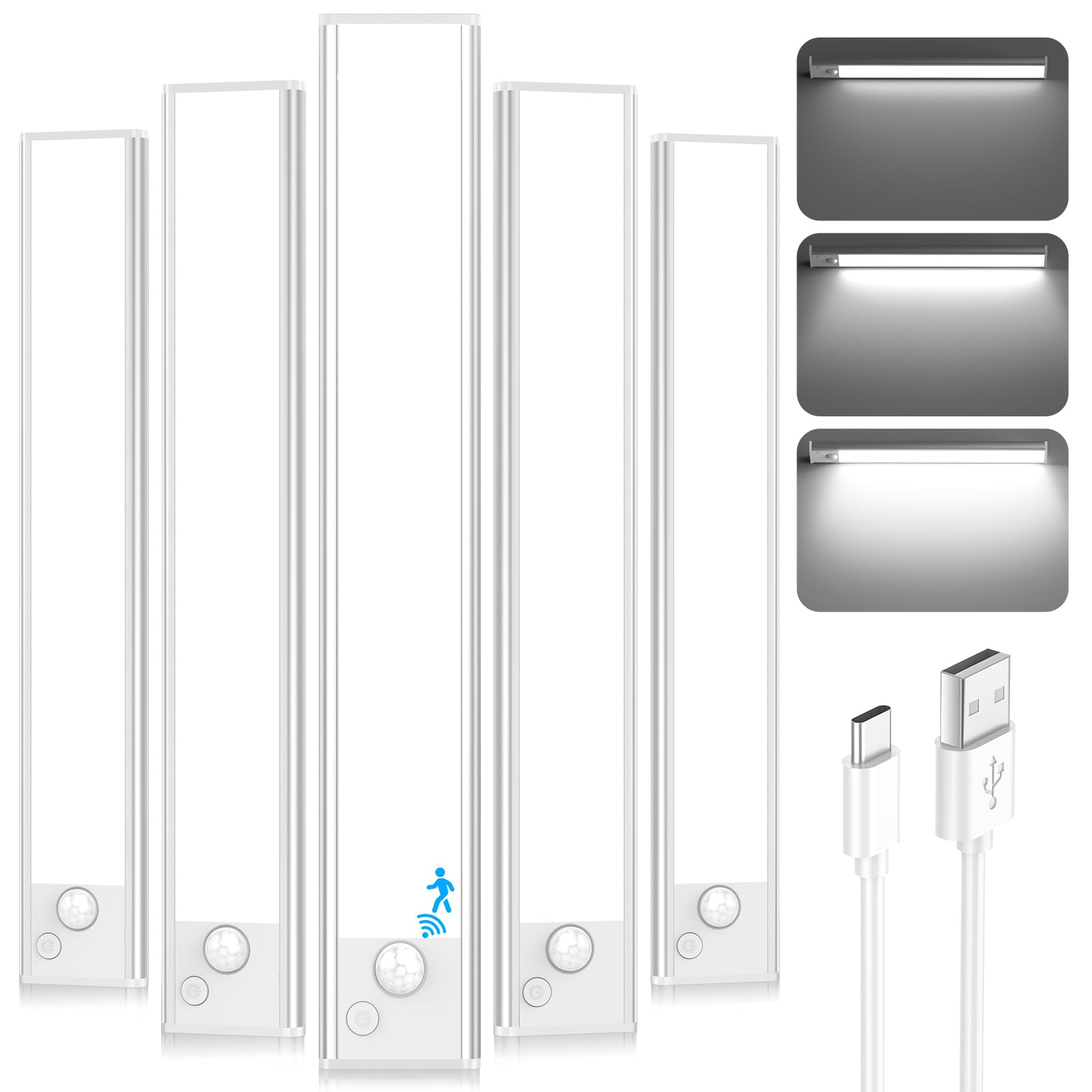 Unterschrankleuchten, LED, wiederaufladbar, batteriebetrieben, Bewegungsmelder, 2500 mAh, magnetisch, kabellos, dimmbar, für Küche, Zuhause, 30,5 cm, 5 Stück