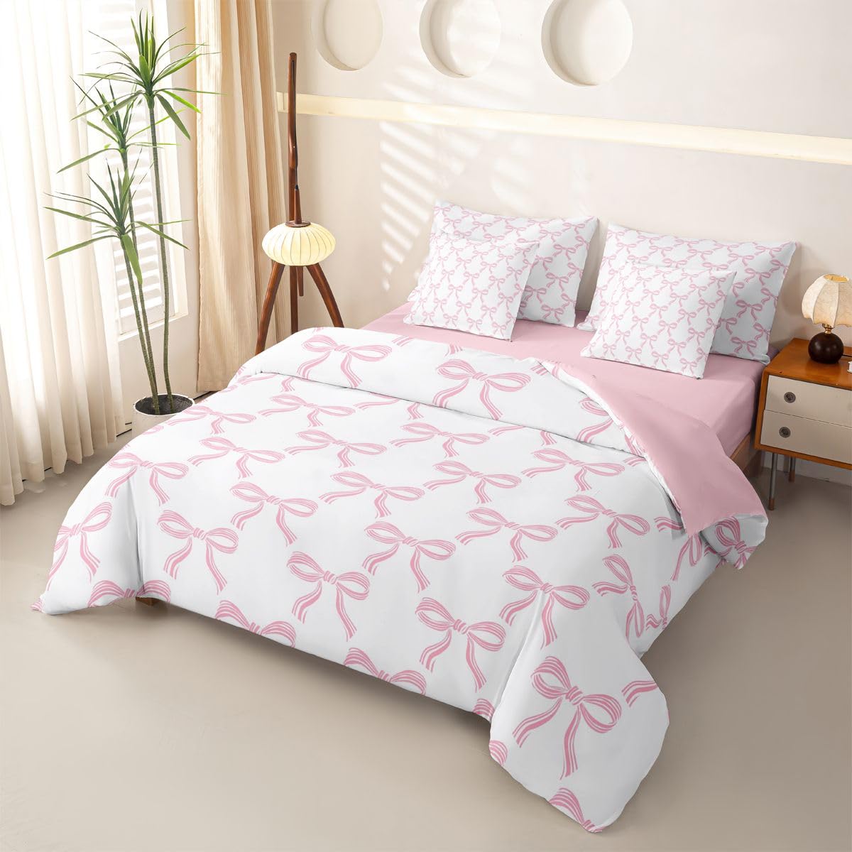 Loussiesd Poszewka na kołdrę z kokardą, rozmiar podwójny, 7 sztuk, biało-różowa kokarda, zestaw pościeli dla dzieci, chłopców, dziewcząt, kokarda, łóżko w torbie z poszewką na kołdrę, prześcieradła