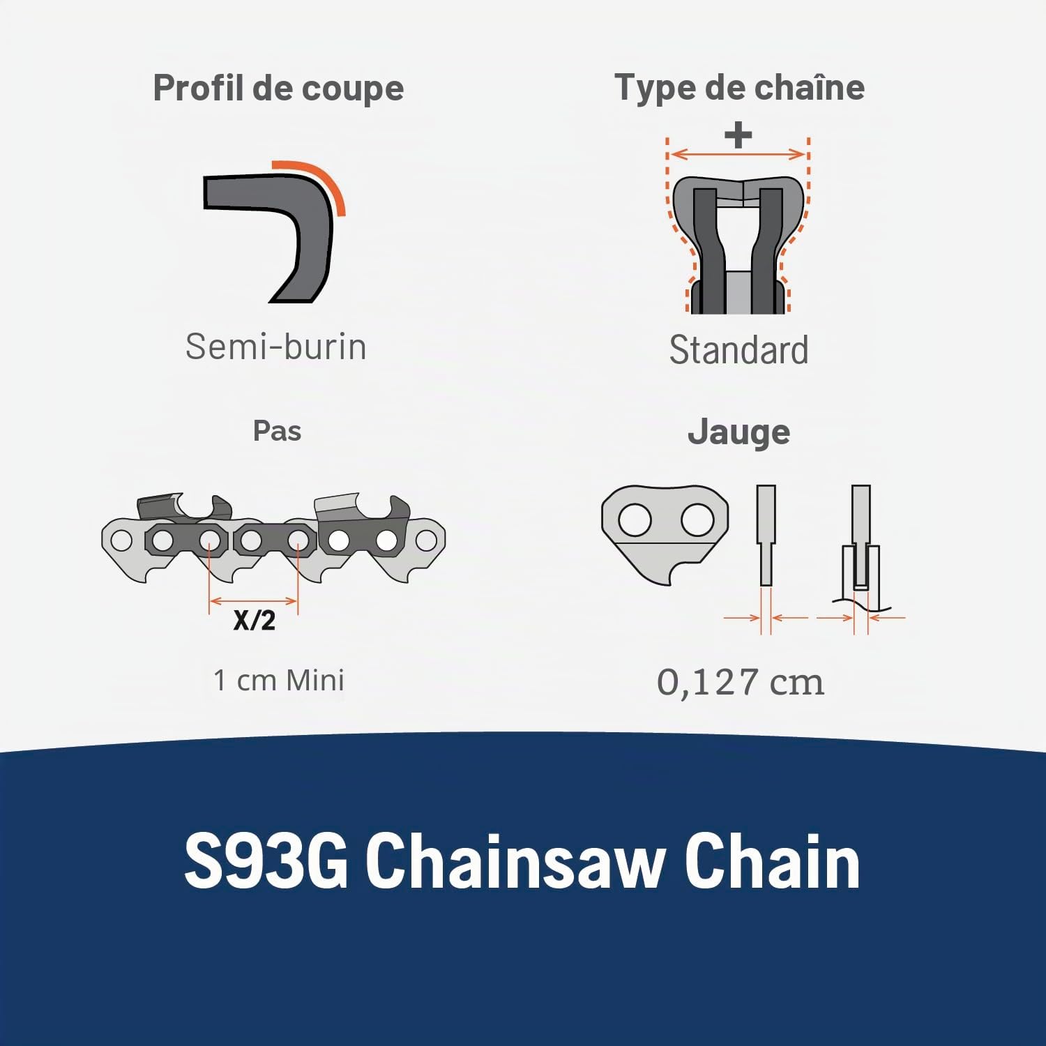 Husqvarna X-Cut S93G Chaîne de tronçonneuse de 35,6 cm, pas de 1 cm, calibre 127 cm, lame de rechange à 50 maillons d'entraînement, pré-étirée et faible retour, gris