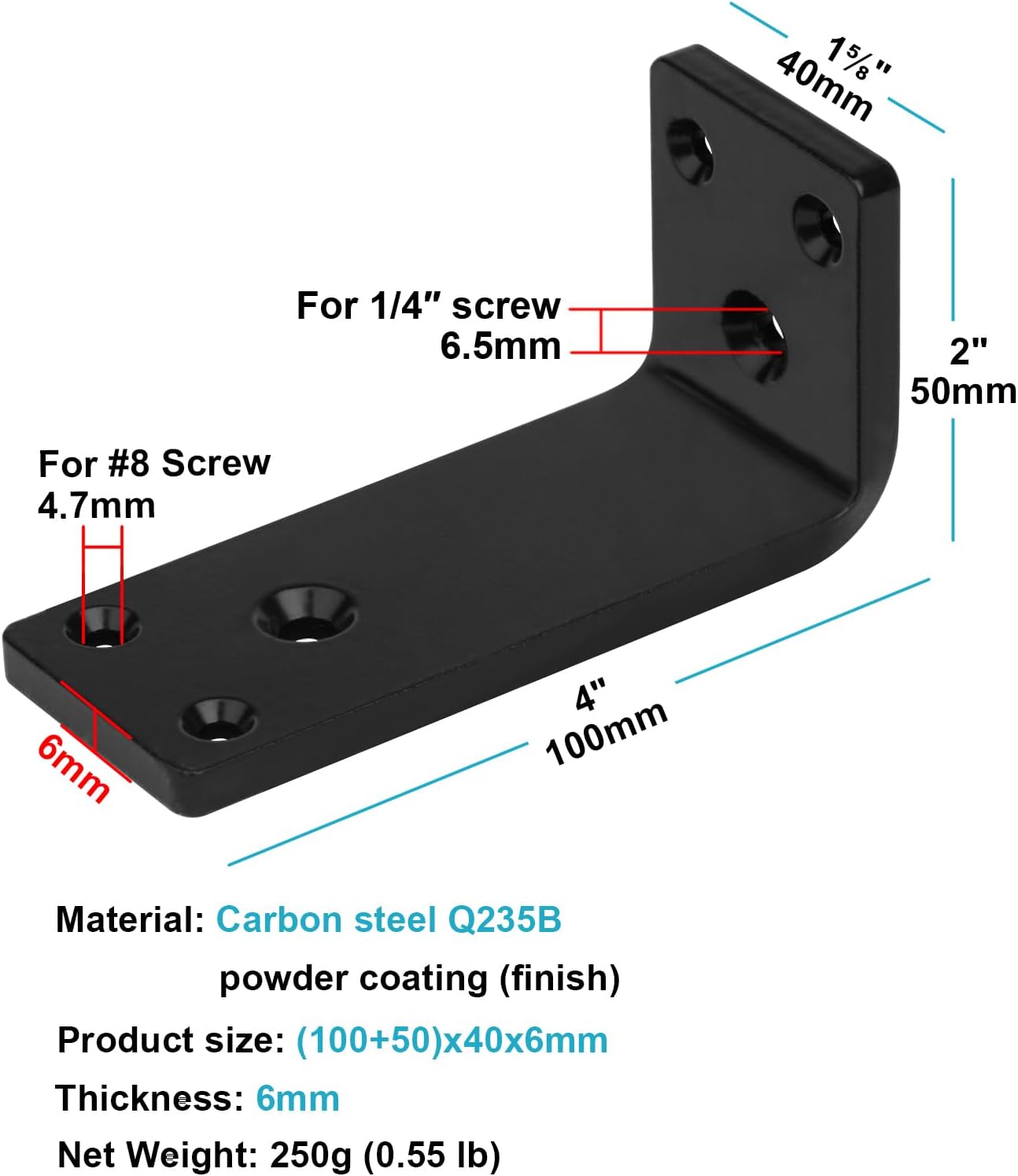 6 PCS 4" x 2" Heavy Duty Corner Brace Black Brackets, L 90 Degree Countertop Support Brackets, Steel Thickness 1/4", Max Load 300 lbs