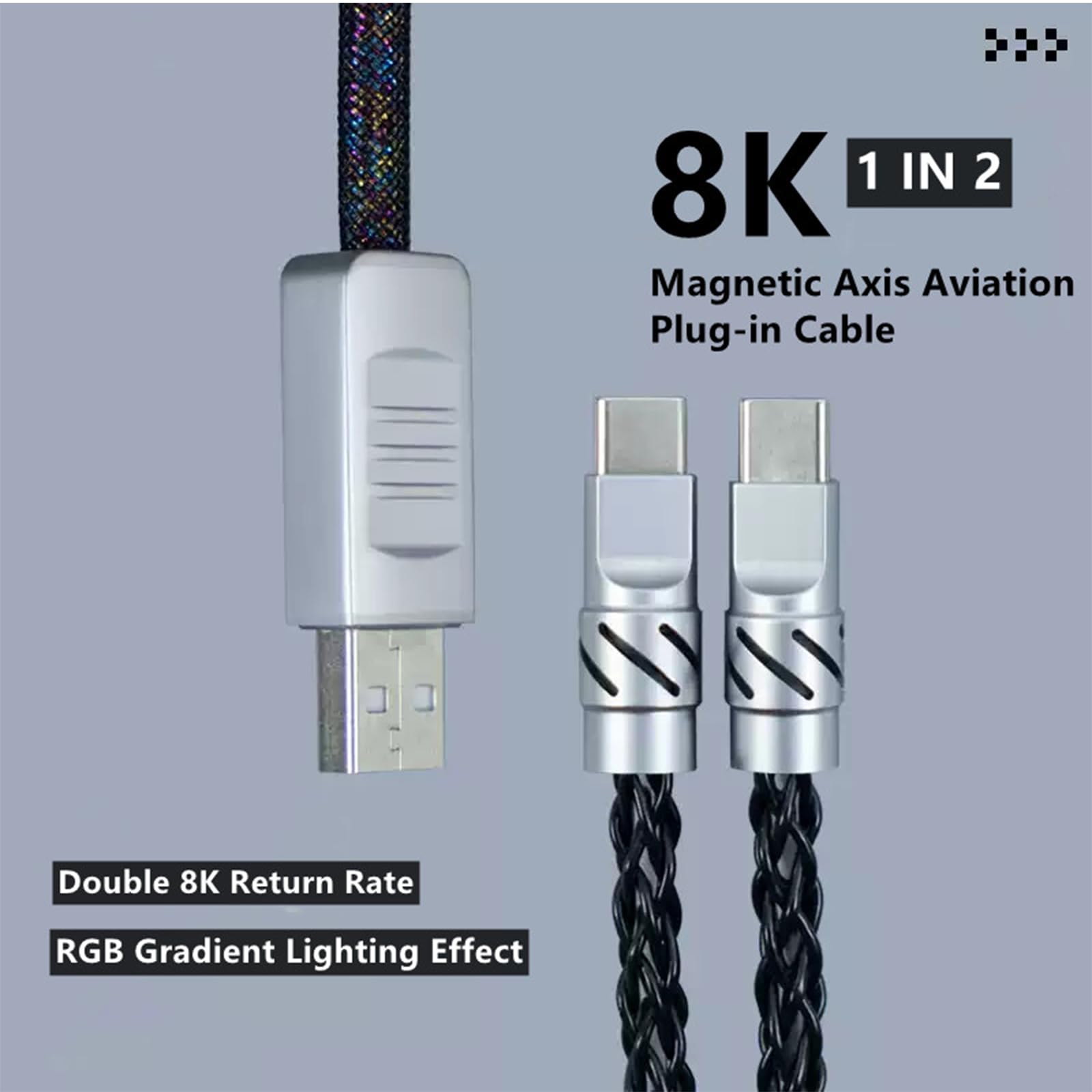 Câble USB C double axe magnétique 2 en 1 pour clavier mécanique 8 K, câble flash RVB épais, stable sans interruption, prise aviation en métal pour claviers/souris/hubs, 1,5 m (noir)