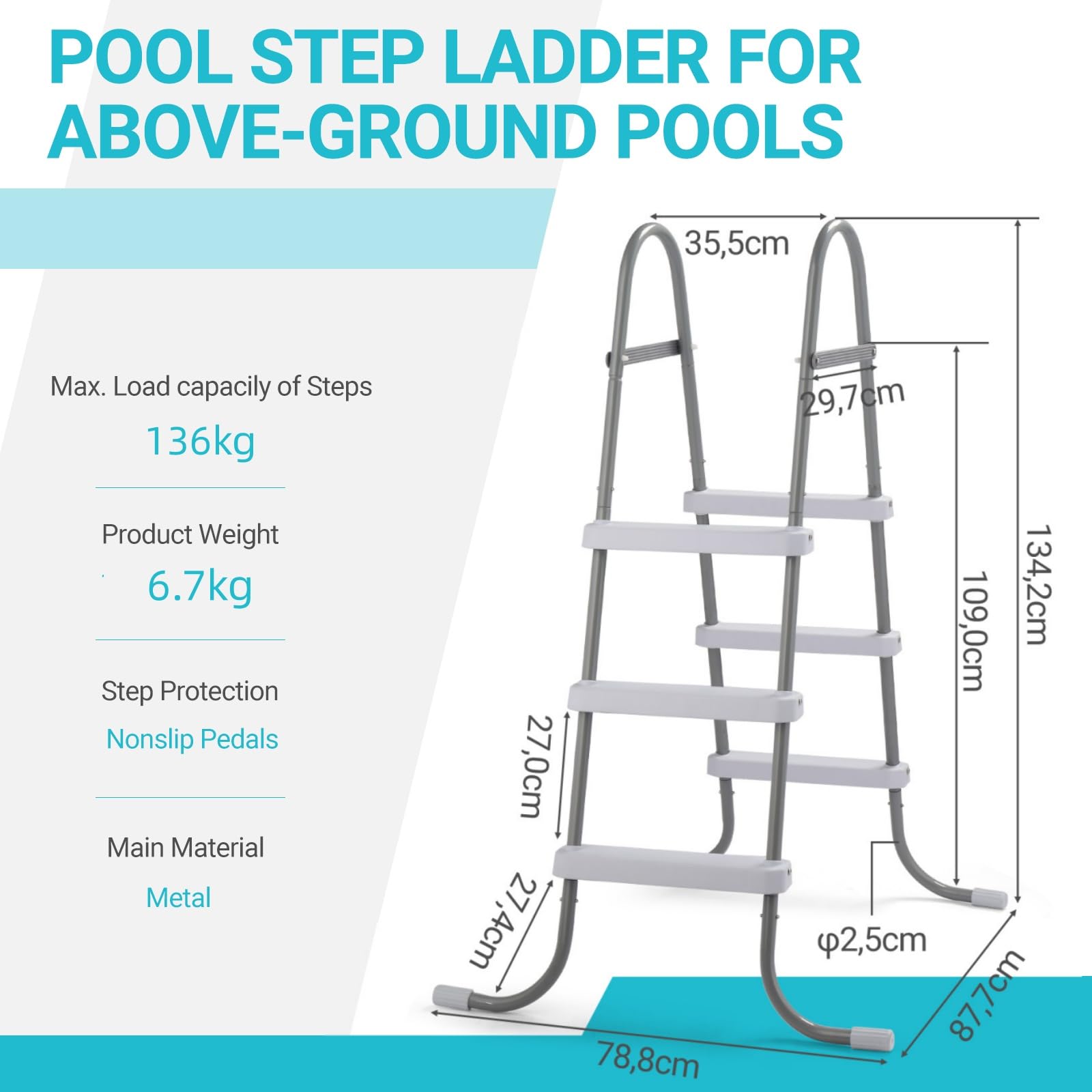 Bonnlo Scaletta per Piscina Fuori Terra in Metallo con Rivestimento Protettivo e Plastica, Scaletta Antiscivolo e Sicura per Bambini (79 x 88 x 134cm, 3)