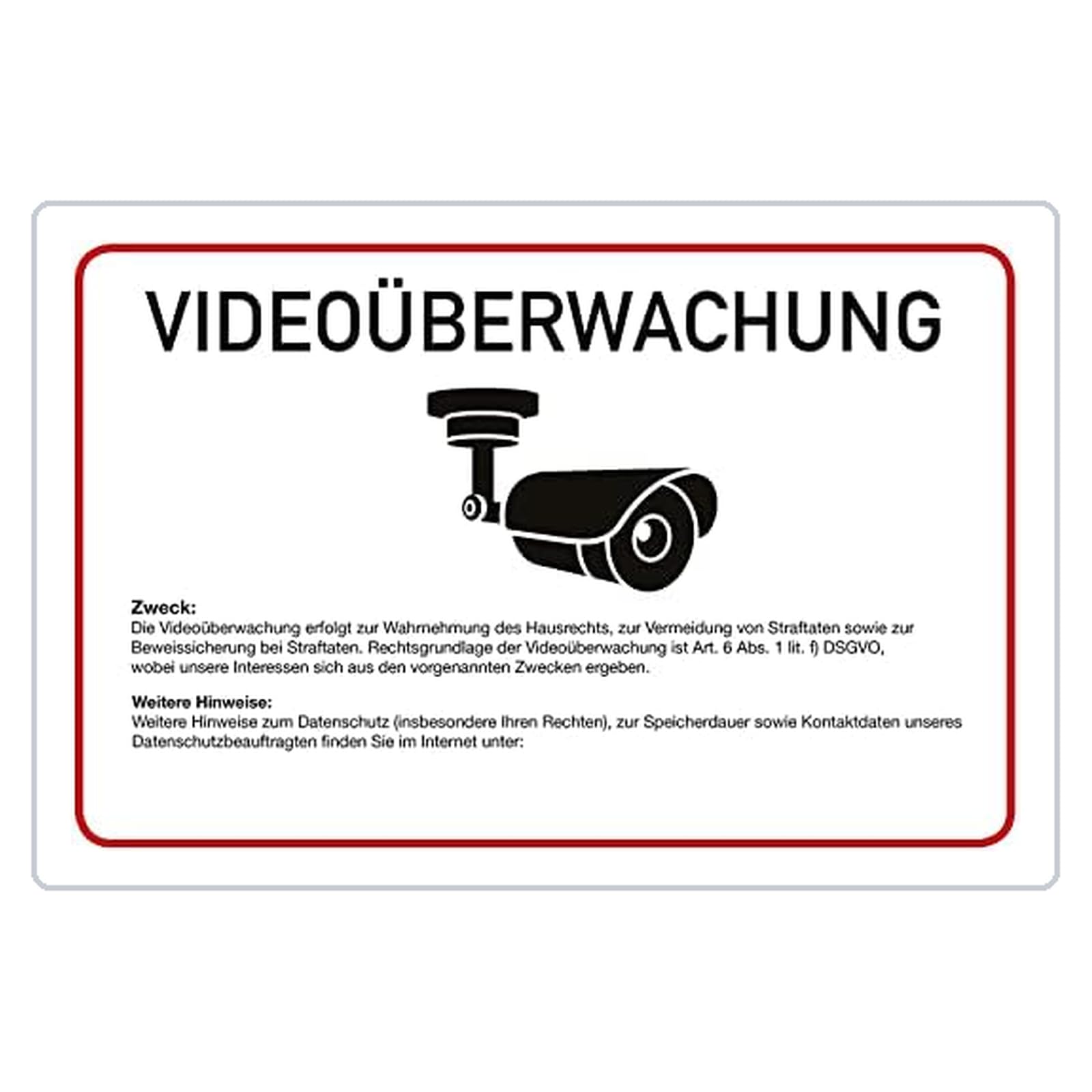 Videoüberwachung - Schild - Text nach DSGVO und Ihr Text- 4 mm Alu Verbundplatte (60 x 40 cm)