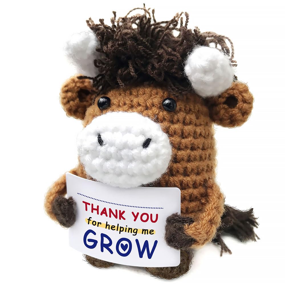 Cow Gifts - Positive Crochet Animals Handmade Crochet Highland Cow 'Thank You for Helping Me Grow'-Thank You Gifts,Uplifting Emotional Support Present