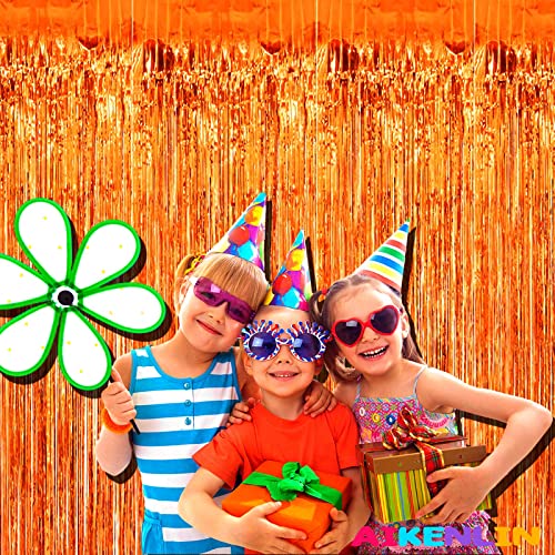 Image of 4 Pack 3.2Ft x 8.2Ft Orange Foil Fringe Curtain Backdrop, Metallic Tinsel Foil Fringe Streamers Curtains Background for Photo Booth, Birthday, Wedding, Halloween, Christmas Party Decoration