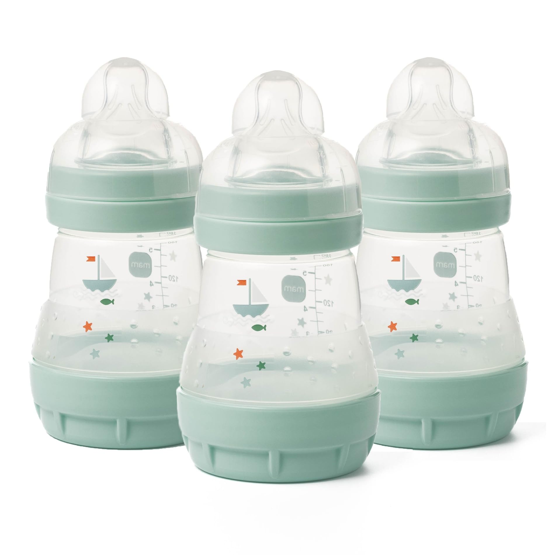 Easy Start Anti-Colic Baby Bottles | 3 Pack (3 x 160ml) | Self-Sterilising Baby Milk Bottle | Slow Flow MAM Teats Size 1 | Newborn Essentials | Green Tea (Various Designs)