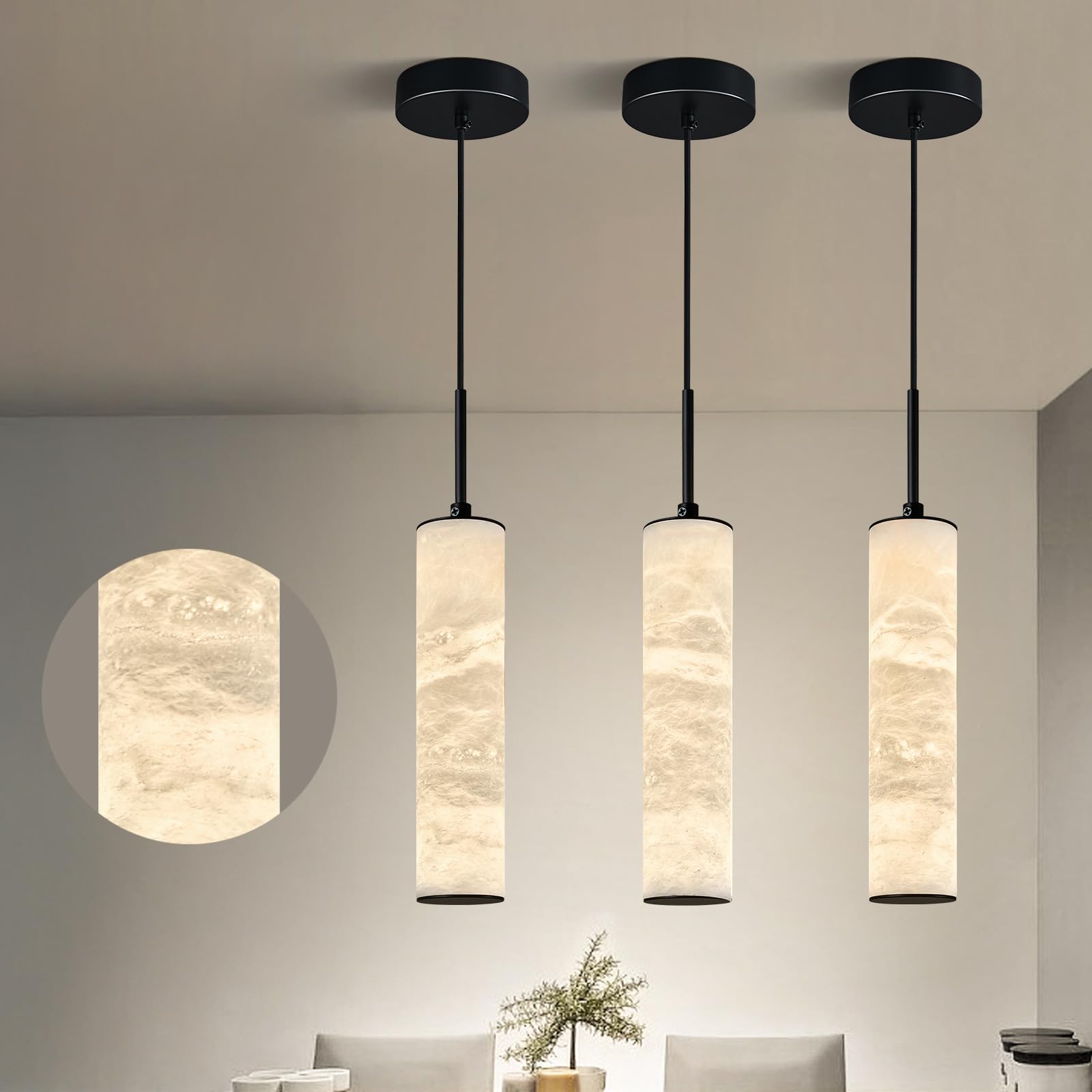 LMQNINE Natural Alabaster Pendant Lights for Kitchen Island White Marble Long Tube Chandelier Modern Black Ceiling Light Fixtures for Bedroom Dining Room Table Living Room Hallway(S-3Pack)